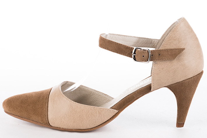 Caramel brown and powder pink women's open side shoes, with an instep strap. Round toe. High slim heel. Profile view - Florence KOOIJMAN